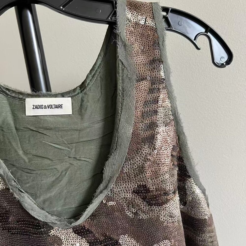 Zadig & Voltaire Sequin Camouflage Tank Top in Olive, Brown, and Black - Picture 3 of 9